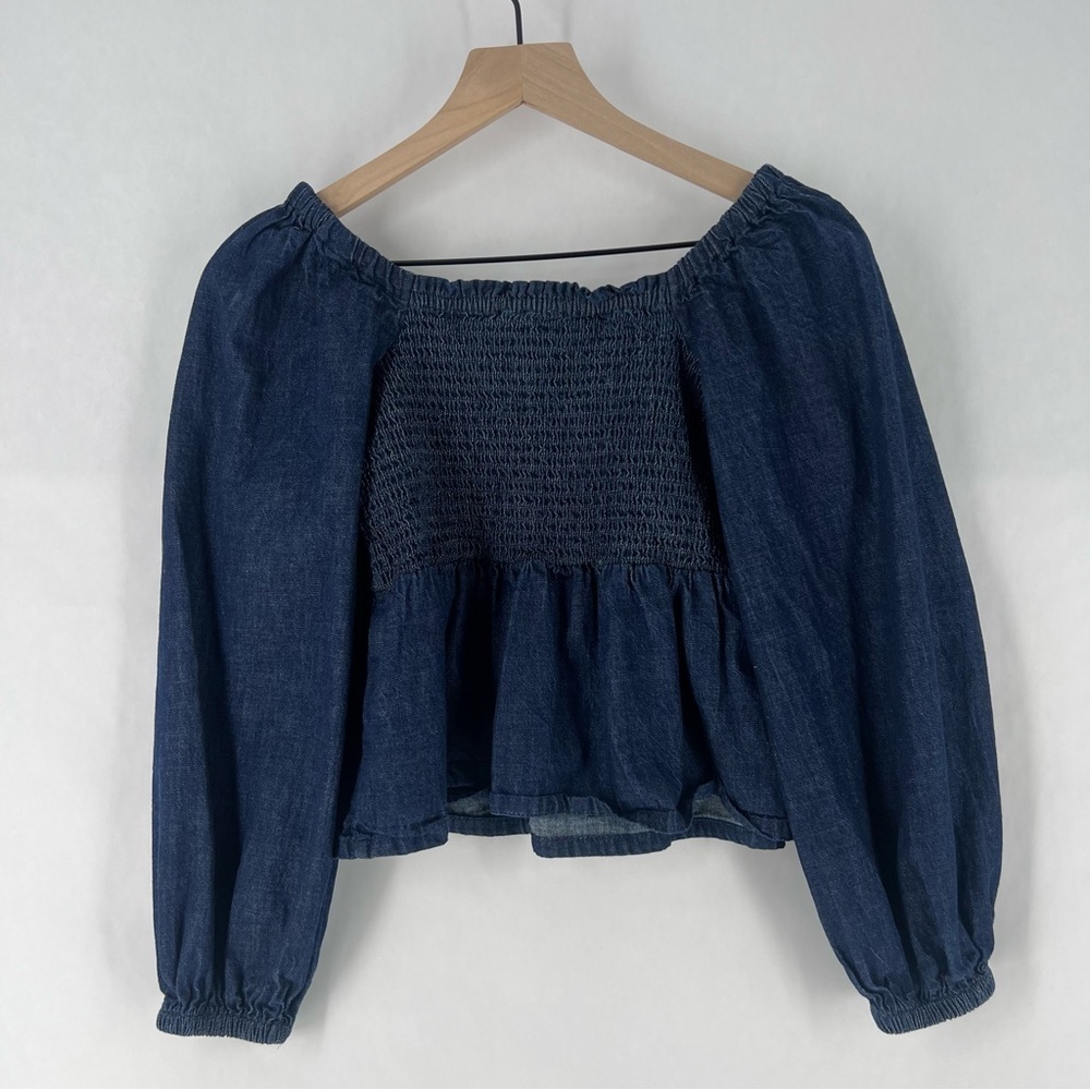 J. Crew Dark Blue Chambray Smocked Puff Sleeve Top Peasant Milkmaid - Picture 12 of 12